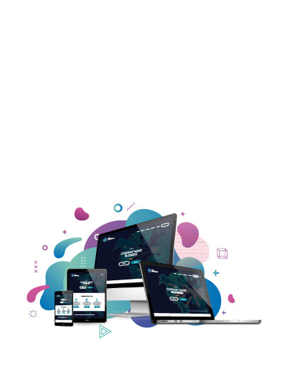 Une illustration montrant plusieurs appareils numériques affichant le même site web. On y voit un ordinateur de bureau, un ordinateur portable, une tablette, et un smartphone, tous placés devant un arrière-plan abstrait avec des formes arrondies et colorées en bleu, violet et rose. Le design met en avant la réactivité d'une interface web s'adaptant à différents formats d'écran.