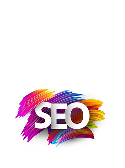 Une illustration colorée avec le texte 'SEO' en blanc, au centre, en majuscules. Le texte est entouré de coups de pinceau aux couleurs vives et dégradées, allant du violet au rouge, jaune et bleu, créant un effet dynamique et accrocheur. L'arrière-plan de l'image est blanc, mettant en valeur les couleurs éclatantes autour du texte.